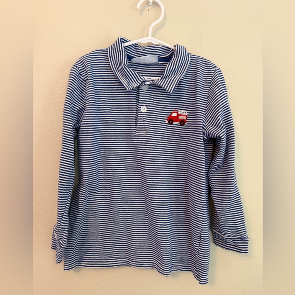 Trotter St. Striped Blue Kids Shirt with Firetruck Embroidery